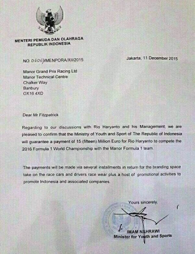 Surat jaminan Kemenpora RI untuk Rio Haryanto ikut balap Formula 1