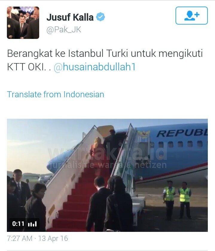 akun twitter resmi Jusuf Kalla, @pak_JK