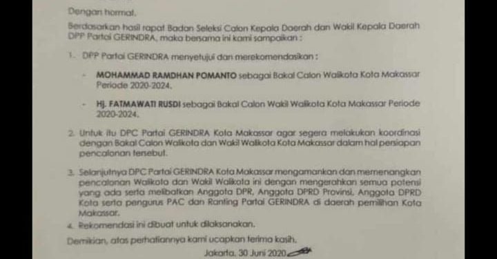 Gerindra Dukung Danny-Fatma RMS di Pilkada Makassar 2020