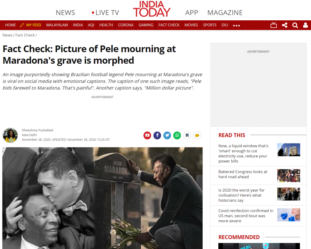 Fact Check: Picture of Pele mourning at Maradona's grave is morphed