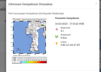 Baru Saja Gempa 4.1 SR Terasa di Majene dan Pinrang