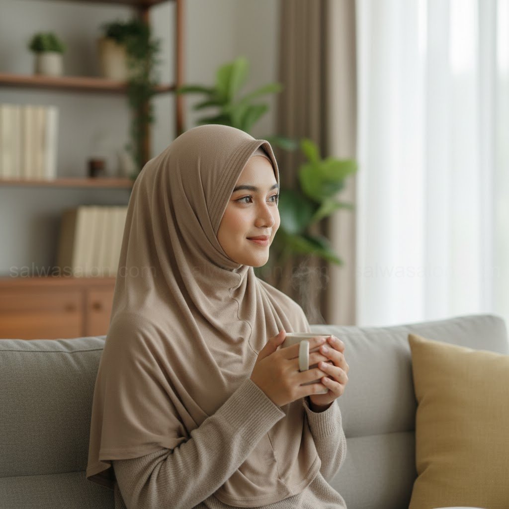 Seorang wanita Muslim Indonesia, 20-an, dalam setting cozy di rumah, duduk di sofa dekat jendela. Dia mengenakan 'pashmina kaos/rayon' yang 'mleyot' atau jatuhnya sangat lembut dan sempurna membingkai wajah. 