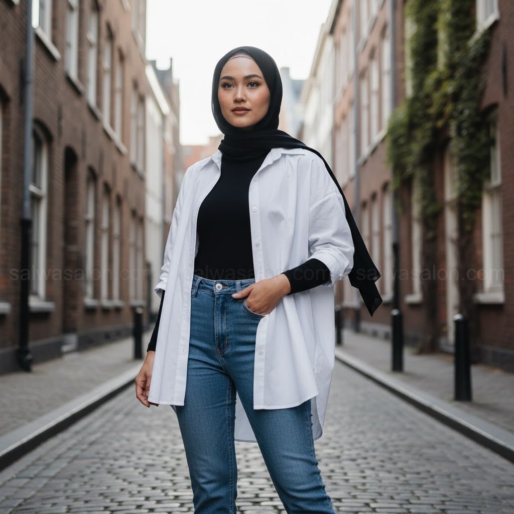 Seorang hijabi stylish mengenakan 'kemeja putih oversized' yang dijadikan sebagai outerwear di atas inner hitam dan celana jeans. 