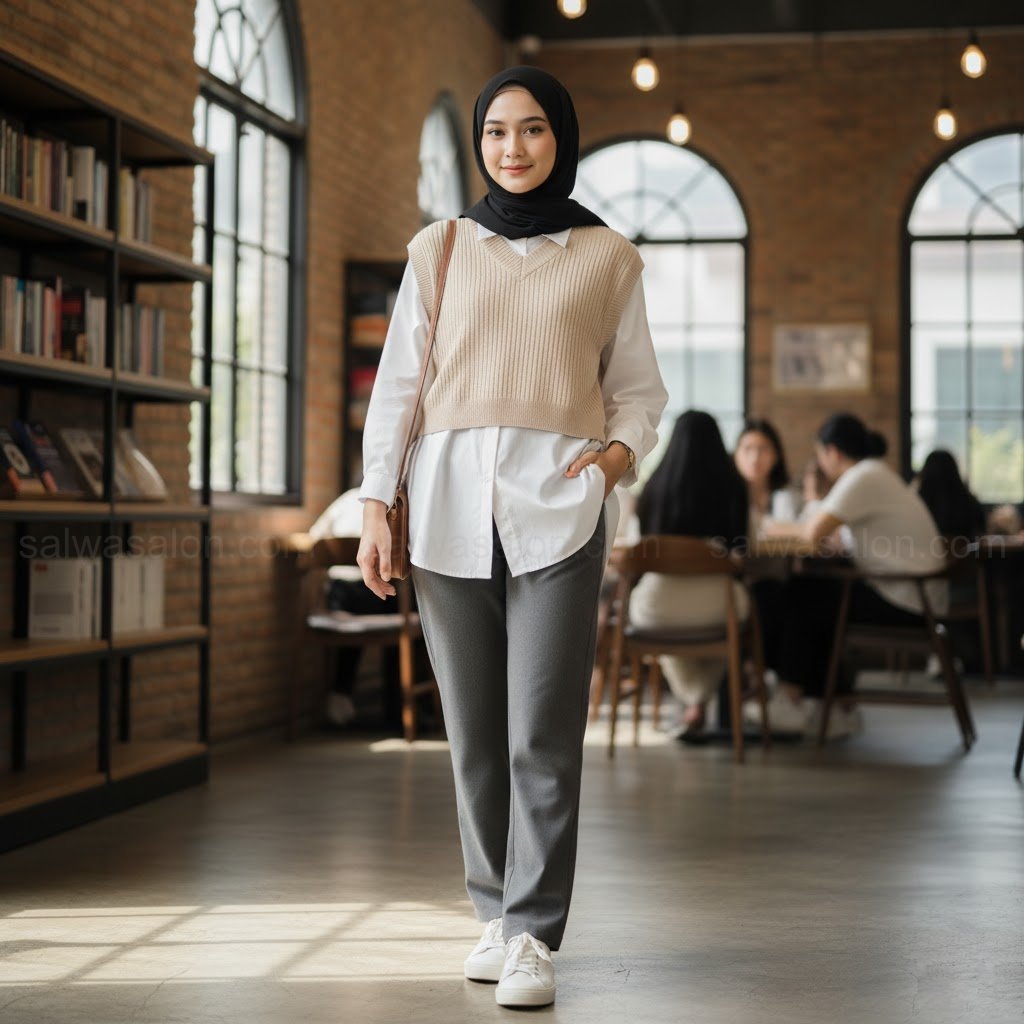 Foto OOTD chic, seorang hijabi menerapkan layering. Dia mengenakan 'knit vest' (rompi rajut) berwarna beige di atas kemeja putih oversized, dipadukan dengan celana straight-cut. 