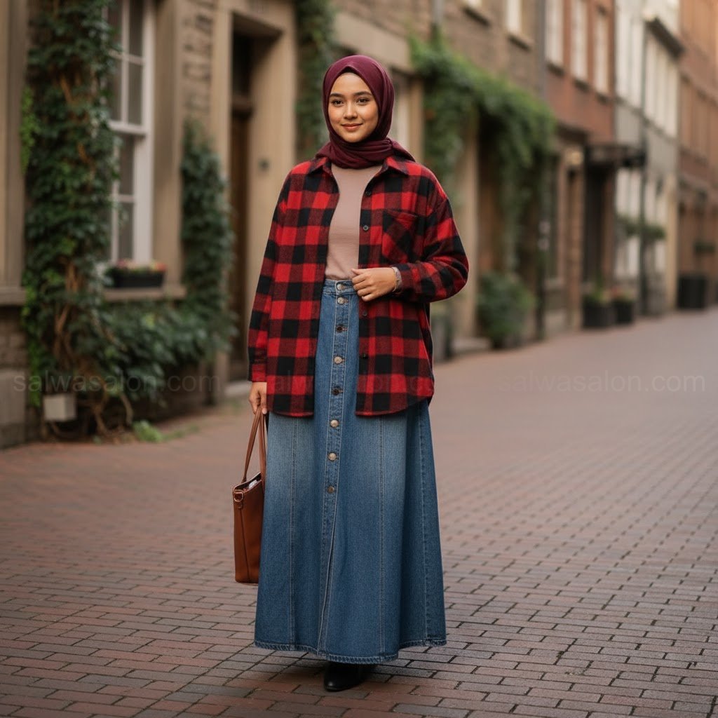 Seorang wanita Muslim Indonesia mengenakan 'rok jeans' (denim skirt) model A-line panjang dengan kancing depan. Dia memadukannya dengan kemeja flanel oversized (dijadikan outer) dan hijab segi empat polos.