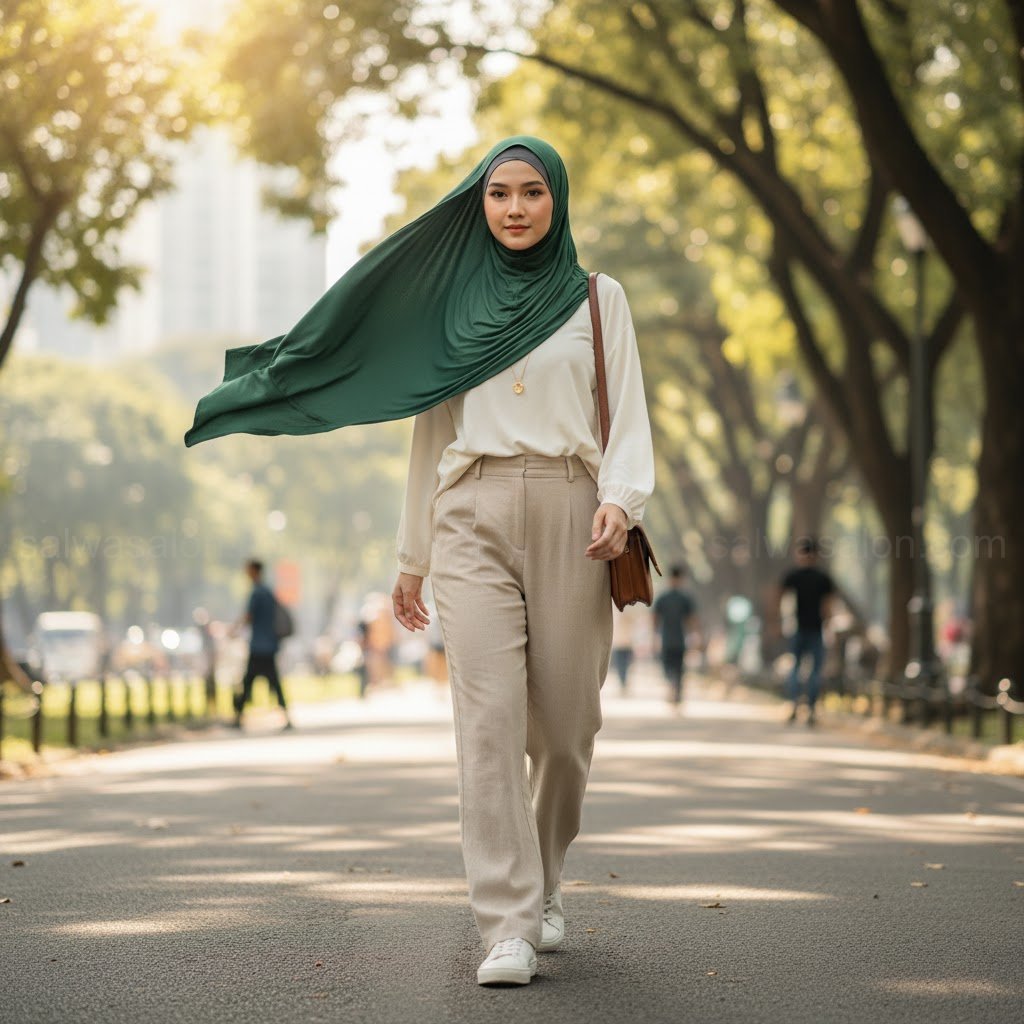 A stylish Indonesian Muslim woman, fair skin, 20s, actively walking in a city park, wearing a long 'pashmina' hijab. The pashmina is draped casually and elegantly, with one side gracefully thrown over her shoulder. She is wearing a pashmina inner instan