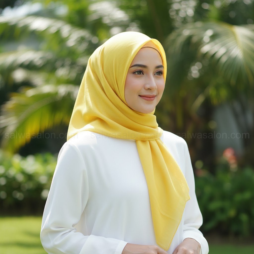 Foto medium shot wanita Muslim Indonesia, 20-an, mengenakan 'hijab katun voal' (segi empat) berwarna cerah. Dia terlihat nyaman dan segar.