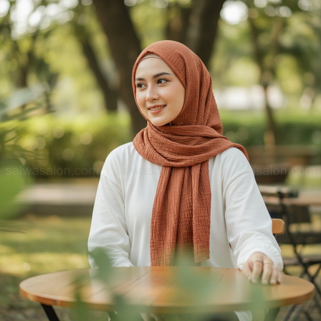 Seorang wanita Muslim Indonesia, 20-an, tersenyum santai. Dia mengenakan 'pashmina crinkle' berwarna soft earth tone yang teksturnya kusut alami namun stylish.
