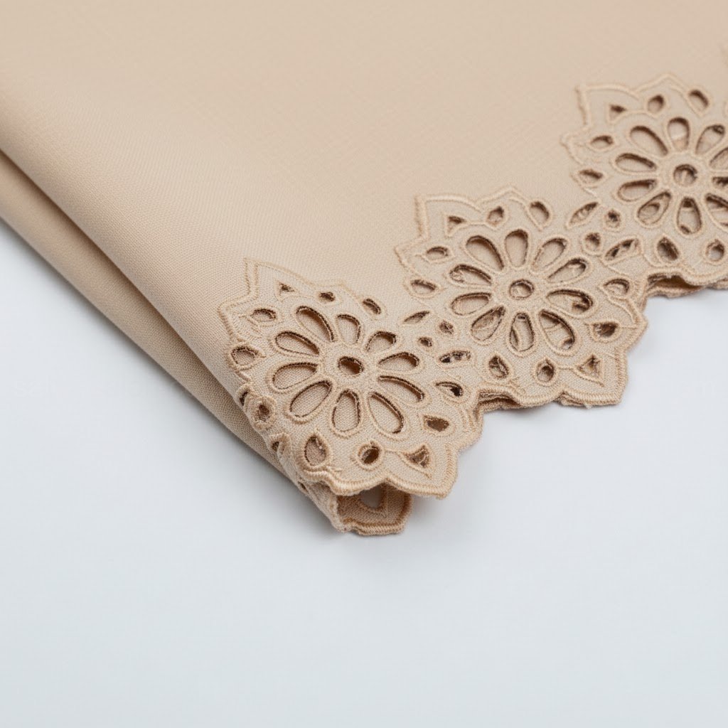 Foto makro/detail dari pinggiran 'hijab voal laser cut'. Menampilkan pola potongan laser yang presisi dan unik (misal: scalloped).