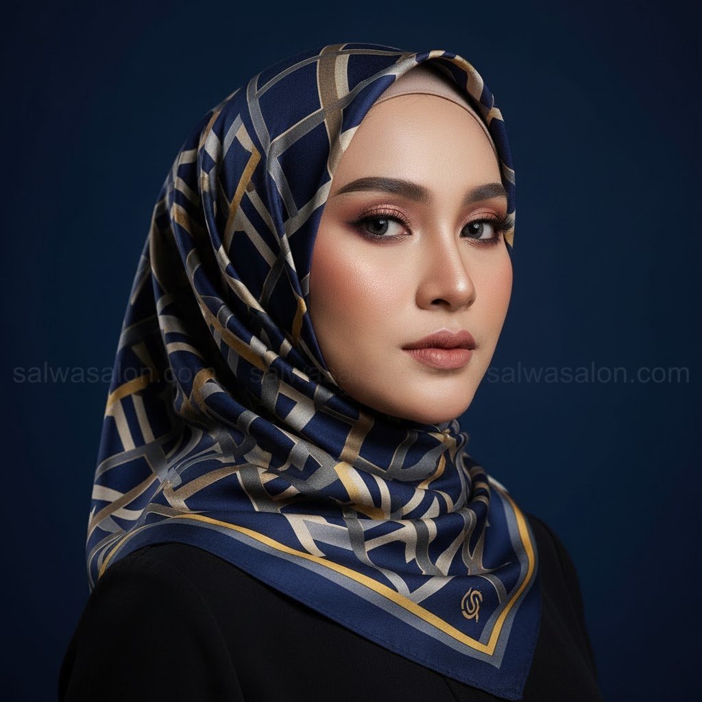 Foto close-up elegan dari 'hijab motif' segi empat. Motifnya adalah digital print abstrak atau monogram modern (bukan bunga-bunga ramai), dengan warna-warna sophisticated seperti navy blue dan gold. 