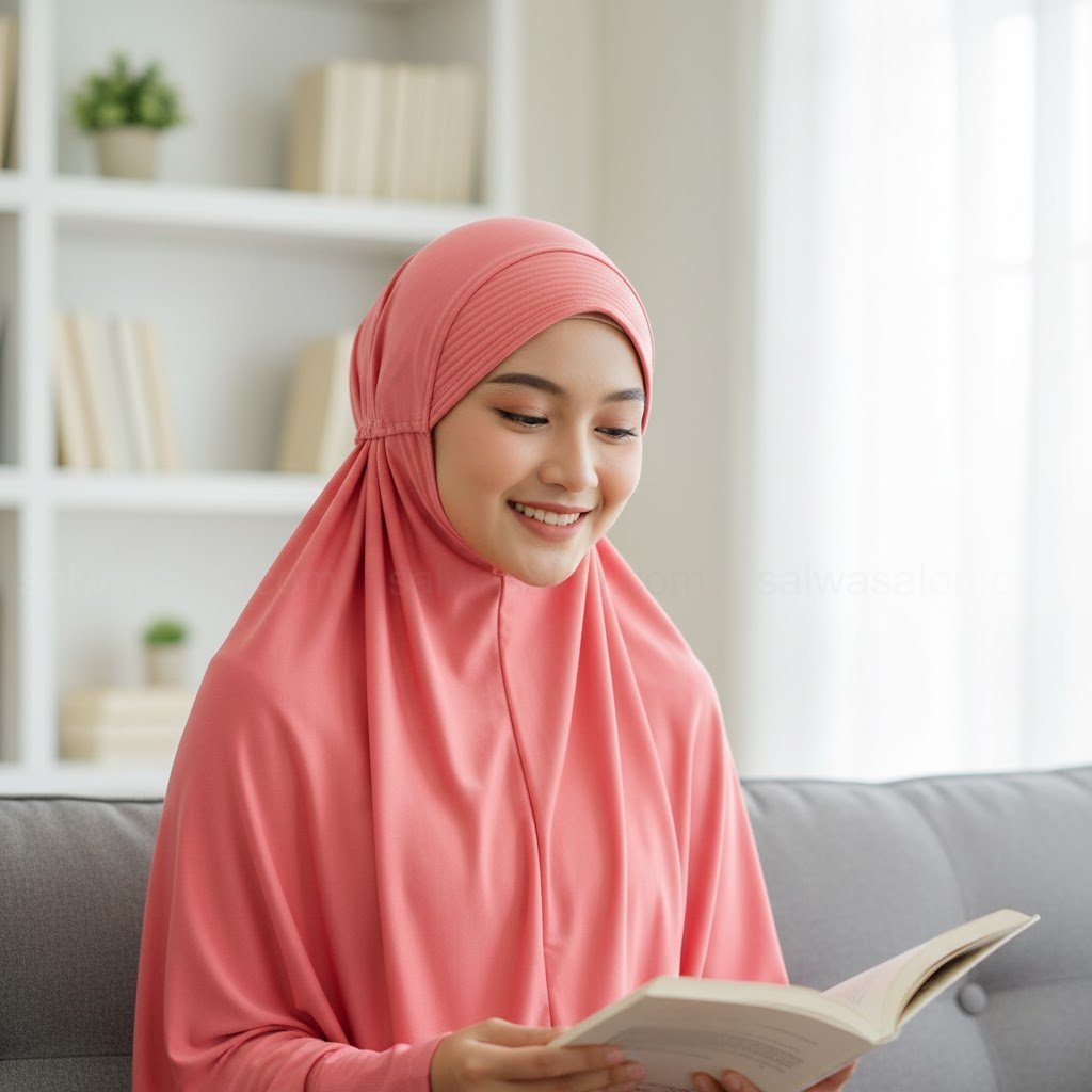 A young Indonesian Muslim woman, fair skin, late teens/early 20s, with a cheerful expression, wearing a modern, stylish 'hijab instan' (bergo).