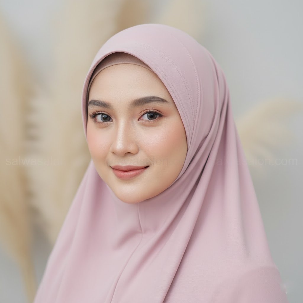 A close-up shot of an Indonesian Muslim woman, fair skin, 20s-30s, showcasing a flawless 'clean hijab' style. Her face is perfectly framed by a smooth, unwrinkled hijab (voal or premium jersey), with no visible pins or stray hairs.