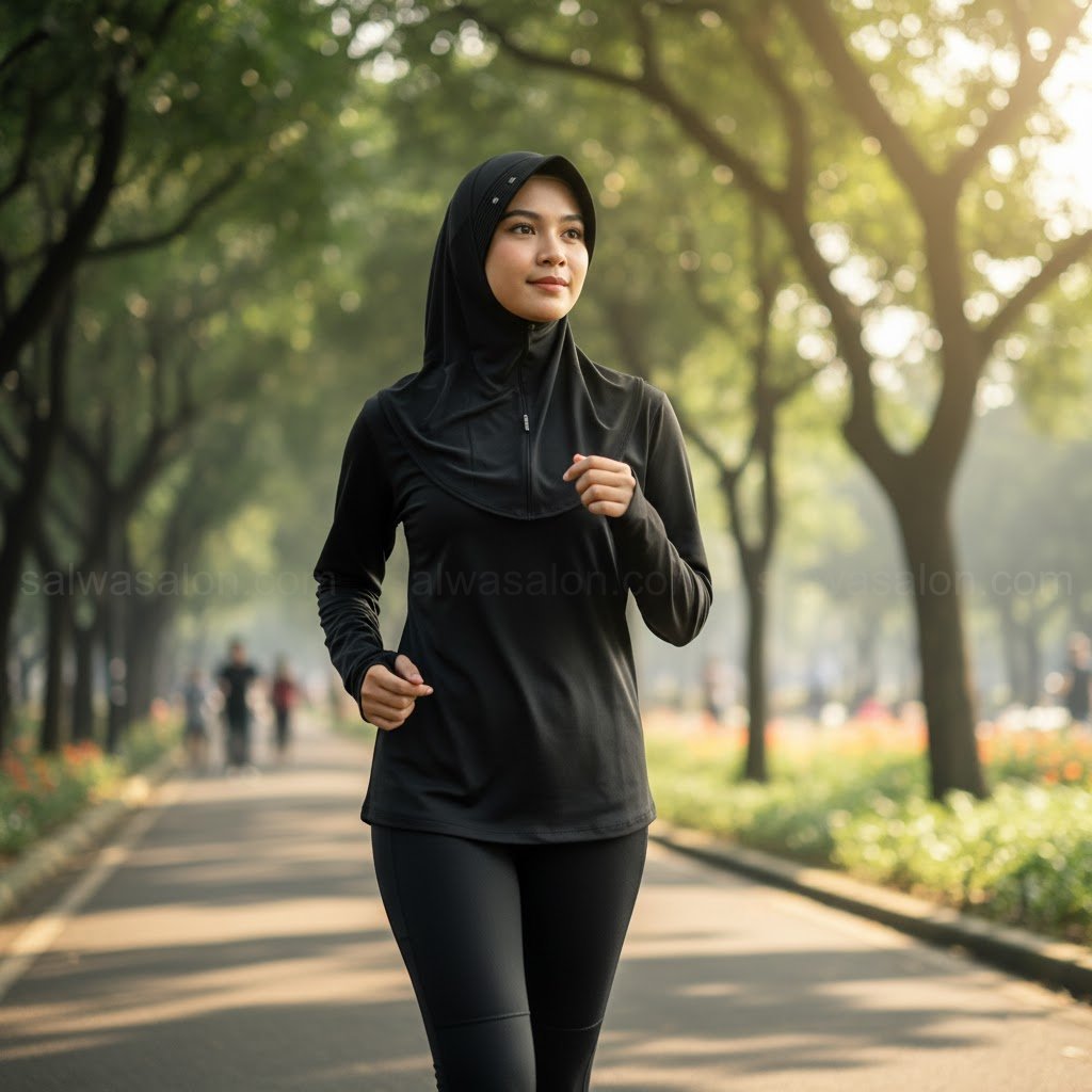 Seorang wanita Muslim Indonesia, 20-an, tampak sporty dan bugar. Dia mengenakan 'sport hijab' fungsional yang pas di kepala, terbuat dari bahan dry-fit hitam. Dia sedang jogging ringan di luar ruangan (taman). 
