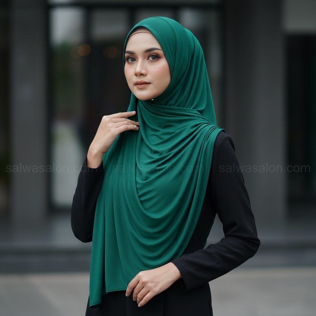 Foto fashion seorang wanita Muslim Indonesia, 20-an, mengenakan 'pashmina jersey' premium. Fokus utama pada drape bahan yang berat, halus, dan jatuhnya sangat elegan. Hijab berwarna deep jewel tone (misal: emerald green).