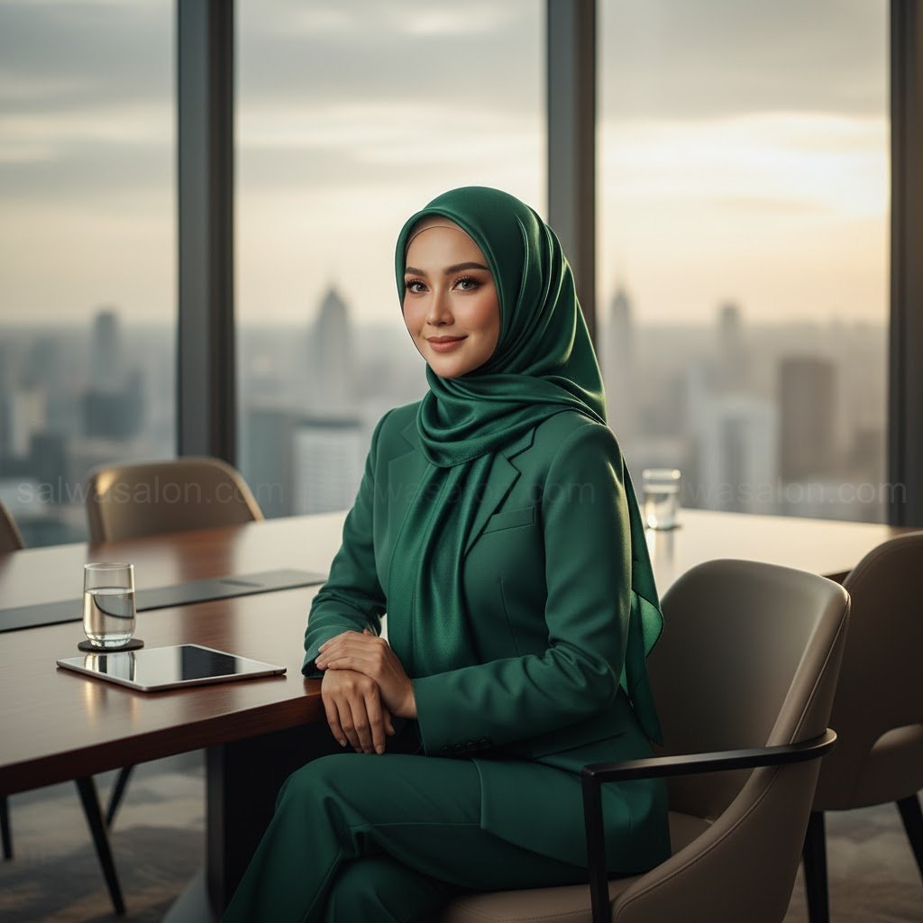 An elegant Indonesian Muslim woman, fair skin, 30s, exuding sophistication. She is wearing a luxurious 'hijab silk' (pashmina or square) with a subtle, rich sheen, not overly glossy.