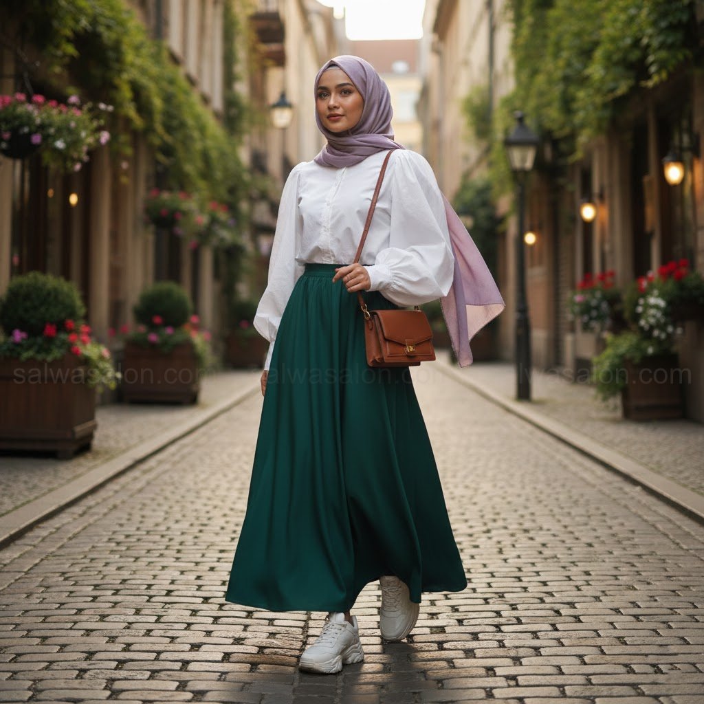 Foto OOTD full body seorang hijabi mengenakan blus putih dengan 'lengan puffy' atau balon yang bervolume. Dia memadukannya dengan rok A-line dan hijab pashmina soft.