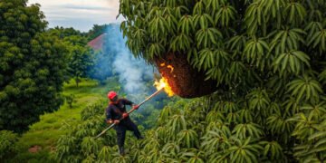 Damkar Makassar Tumpas Sarang Lebah Berbahaya Ukuran Karung 60kg dengan Api