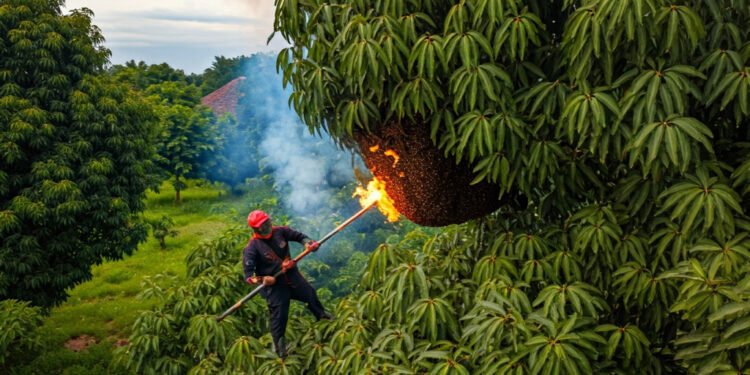 Damkar Makassar Tumpas Sarang Lebah Berbahaya Ukuran Karung 60kg dengan Api - Featured