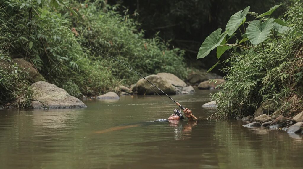 Gambar fotorealistik seorang pria yang ditemukan meninggal dunia, mengapung di tepi sungai pedesaan di Kulon Progo, dengan tangan masih memegang erat pancing.