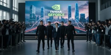 A CEO of a tech company being escorted by security personnel at a press conference in China, highlighting the serious nature of intellectual property protection and the global concern over chip theft.