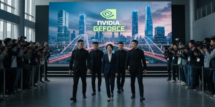 CEO Nvidia Ditangkap di China dalam Kasus Penyelundupan Chip Canggih A CEO of a tech company being escorted by security personnel at a press conference in China, highlighting the serious nature of intellectual property protection and the global concern over chip theft.
