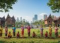 Children from a local community in Makassar planting trees, symbolizing the integration of eco-parenting with local culture and traditions.