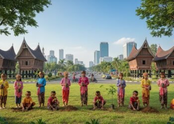 Children from a local community in Makassar planting trees, symbolizing the integration of eco-parenting with local culture and traditions.