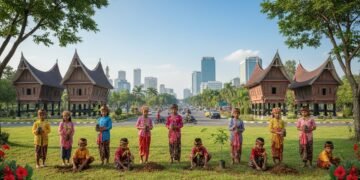 Children from a local community in Makassar planting trees, symbolizing the integration of eco-parenting with local culture and traditions.