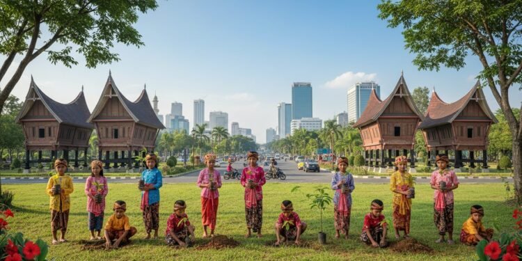 Children from a local community in Makassar planting trees, symbolizing the integration of eco-parenting with local culture and traditions.