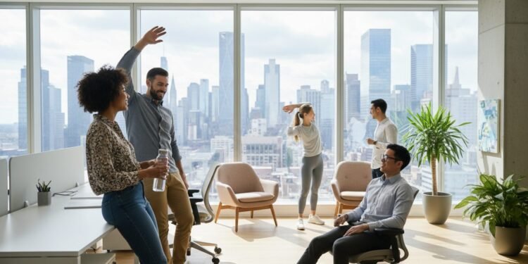Cara Efektif Mengatasi Burnout dan Menjaga Kesehatan Mental di Tempat Kerja A diverse group of office workers taking a break, emphasizing the importance of mental health and well-being in the workplace.
