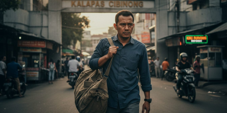 Kasus Fasilitas Mewah Lapas Cibinong: Mantan Kalapas Wisnu Hani Putranto Dipecat dari Status ASN, Belasan Pejabat Lain Kena Sanksi Wisnu Putranto, a former prison officer, is shown leaving the Kalapas Cibinong facility with a somber expression, having been non-activated from his position and later dismissed from his status as a Public Servant (PNS/ASN). He is walking alone in a busy street with a heavy bag, under dramatic lighting that highlights his face.