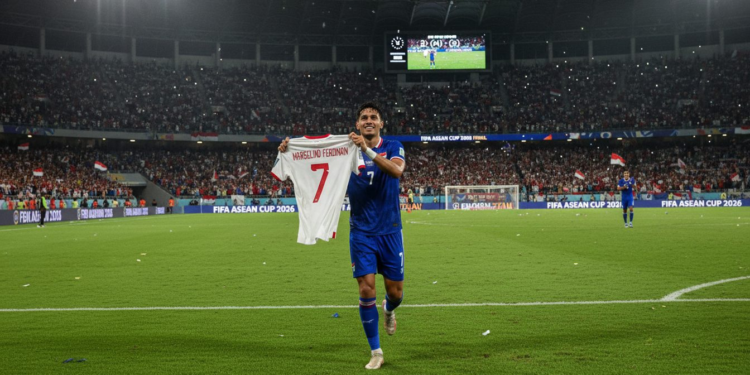 Ole Romeny Rayakan Kemenangan Timnas Indonesia dengan Jersey Marselino Ole Romeny, a player from the Indonesian national football team, runs around the field of SUGBK, Jakarta, holding Marselino Ferdinan's jersey, in celebration of the team's victory in the FIFA ASEAN Cup 2026, while the crowd cheers and dramatic stadium lighting enhances the moment.