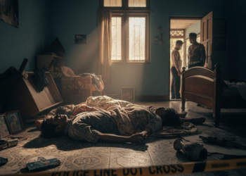 A tragic scene in Gowa, Sulawesi Selatan, where a married couple is found dead in their home, with dramatic lighting and a 4k, cinematic, editorial aesthetic. The image captures the stark reality of the incident, focusing on the lifeless bodies of the couple, with the surrounding environment reflecting the somber mood.