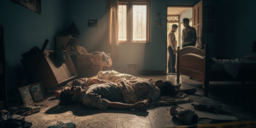 A tragic scene in Gowa, Sulawesi Selatan, where a married couple is found dead in their home, with dramatic lighting and a 4k, cinematic, editorial aesthetic. The image captures the stark reality of the incident, focusing on the lifeless bodies of the couple, with the surrounding environment reflecting the somber mood.
