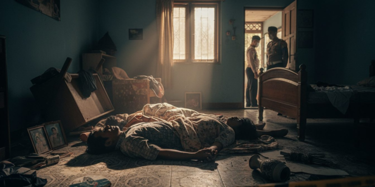 Pertengkaran Maut di Gowa, Pasangan Suami Istri Tewas Mengenaskan A tragic scene in Gowa, Sulawesi Selatan, where a married couple is found dead in their home, with dramatic lighting and a 4k, cinematic, editorial aesthetic. The image captures the stark reality of the incident, focusing on the lifeless bodies of the couple, with the surrounding environment reflecting the somber mood.
