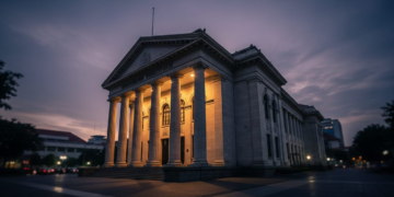 A dramatic evening view of the Mahkamah Konstitusi building, symbolizing the legal process and the high-stakes nature of the gugatan ijazah case involving the Vice President.