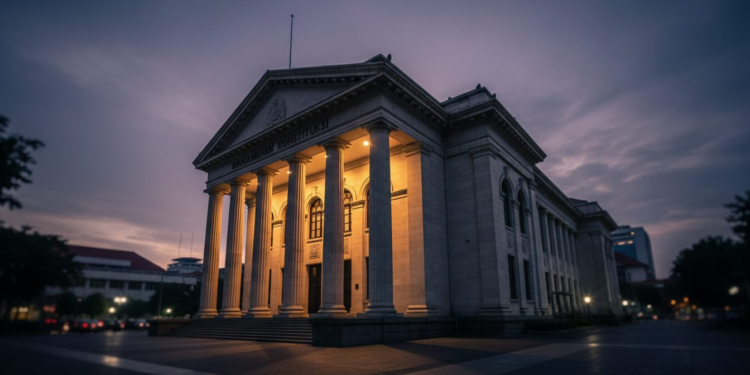 A dramatic evening view of the Mahkamah Konstitusi building, symbolizing the legal process and the high-stakes nature of the gugatan ijazah case involving the Vice President.