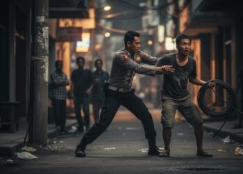 Seorang petugas polisi menangkap seorang tersangka yang mencuri kabel jaringan di jalan raya di Makassar. Pemandangan ini ditangkap dalam fotografi jurnalistik profesional dengan latar belakang jalan