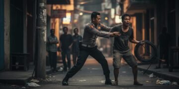 Seorang petugas polisi menangkap seorang tersangka yang mencuri kabel jaringan di jalan raya di Makassar. Pemandangan ini ditangkap dalam fotografi jurnalistik profesional dengan latar belakang jalan