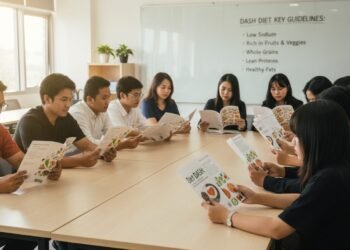 Sejumlah mahasiswa UNNES dari program Kesmas membaca buletin diet DASH yang berwarna cerah dan desainnya rapi. Mereka duduk di kelas dengan papan tulis di latar belakang yang menampilkan petunjuk diet