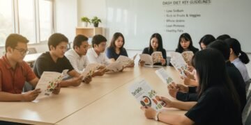 Sejumlah mahasiswa UNNES dari program Kesmas membaca buletin diet DASH yang berwarna cerah dan desainnya rapi. Mereka duduk di kelas dengan papan tulis di latar belakang yang menampilkan petunjuk diet