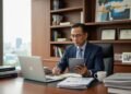 Sertifikasi Pejabat Perbendaharaan dan Pengelolaan APBN Yang Profesional H. Gunadi, seorang investor pemula, duduk di meja kerja dengan laptop terbuka, di sekitarnya berbagai dokumen dan buku keuangan. Dia fokus membaca laporan keuangan di atas lino pad, dengan cangkir kop