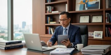 H. Gunadi, seorang investor pemula, duduk di meja kerja dengan laptop terbuka, di sekitarnya berbagai dokumen dan buku keuangan. Dia fokus membaca laporan keuangan di atas lino pad, dengan cangkir kop