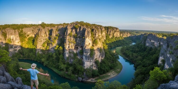 Eksplorasi Keindahan Geopark Maros-Pangkep Warisan Dunia di Sulawesi Selatan Seorang pria berdiri di depan pemandangan geopark Maros-Pangkep, Sulawesi Selatan, dengan latar belakang tebing batu karst dan gua yang indah. Cahaya matahari yang terang mencerminkan keindahan bentan