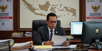Seorang pria berpakaian seragam dan kacamata duduk di meja, di sekitarnya terdapat dokumen-dokumen politik dan komputer. Dia menatap dokumen di tangannya dengan ekspresi serius. Di latar belakang terl