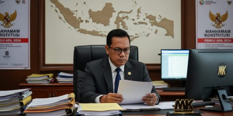 Seorang pria berpakaian seragam dan kacamata duduk di meja, di sekitarnya terdapat dokumen-dokumen politik dan komputer. Dia menatap dokumen di tangannya dengan ekspresi serius. Di latar belakang terl