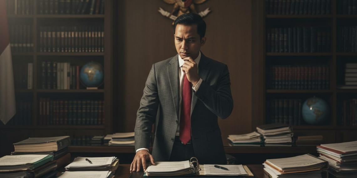 Gibran Rakabuming Raka in a formal political setting, looking thoughtful, with a background of political documents and a large desk, symbolizing his role in national politics. The image captures the seriousness of the situation, with dramatic lighting and a sharp focus, highlighting the documents and his expression.