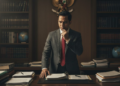 Gibran Rakabuming Raka in a formal political setting, looking thoughtful, with a background of political documents and a large desk, symbolizing his role in national politics. The image captures the seriousness of the situation, with dramatic lighting and a sharp focus, highlighting the documents and his expression.