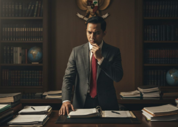 Gibran Rakabuming Raka in a formal political setting, looking thoughtful, with a background of political documents and a large desk, symbolizing his role in national politics. The image captures the seriousness of the situation, with dramatic lighting and a sharp focus, highlighting the documents and his expression.