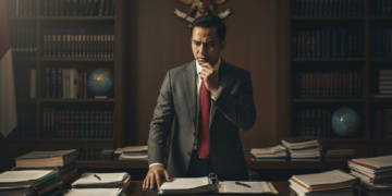 Gibran Rakabuming Raka in a formal political setting, looking thoughtful, with a background of political documents and a large desk, symbolizing his role in national politics. The image captures the seriousness of the situation, with dramatic lighting and a sharp focus, highlighting the documents and his expression.